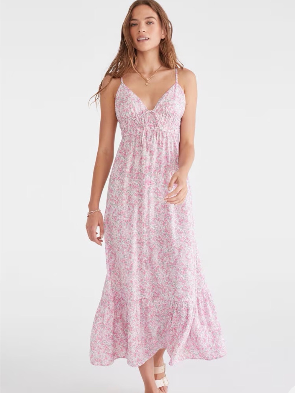 Aeropostale Pink Floral V-Neck Tie-Front Maxi Dress